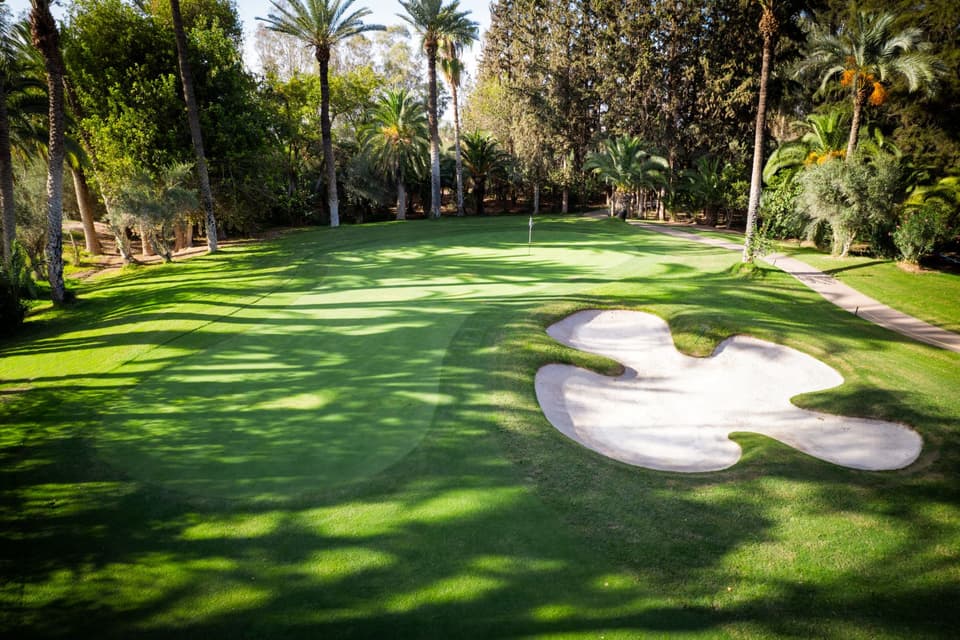 An aerial view of a green ringed by palms at Royal Golf Marrakech